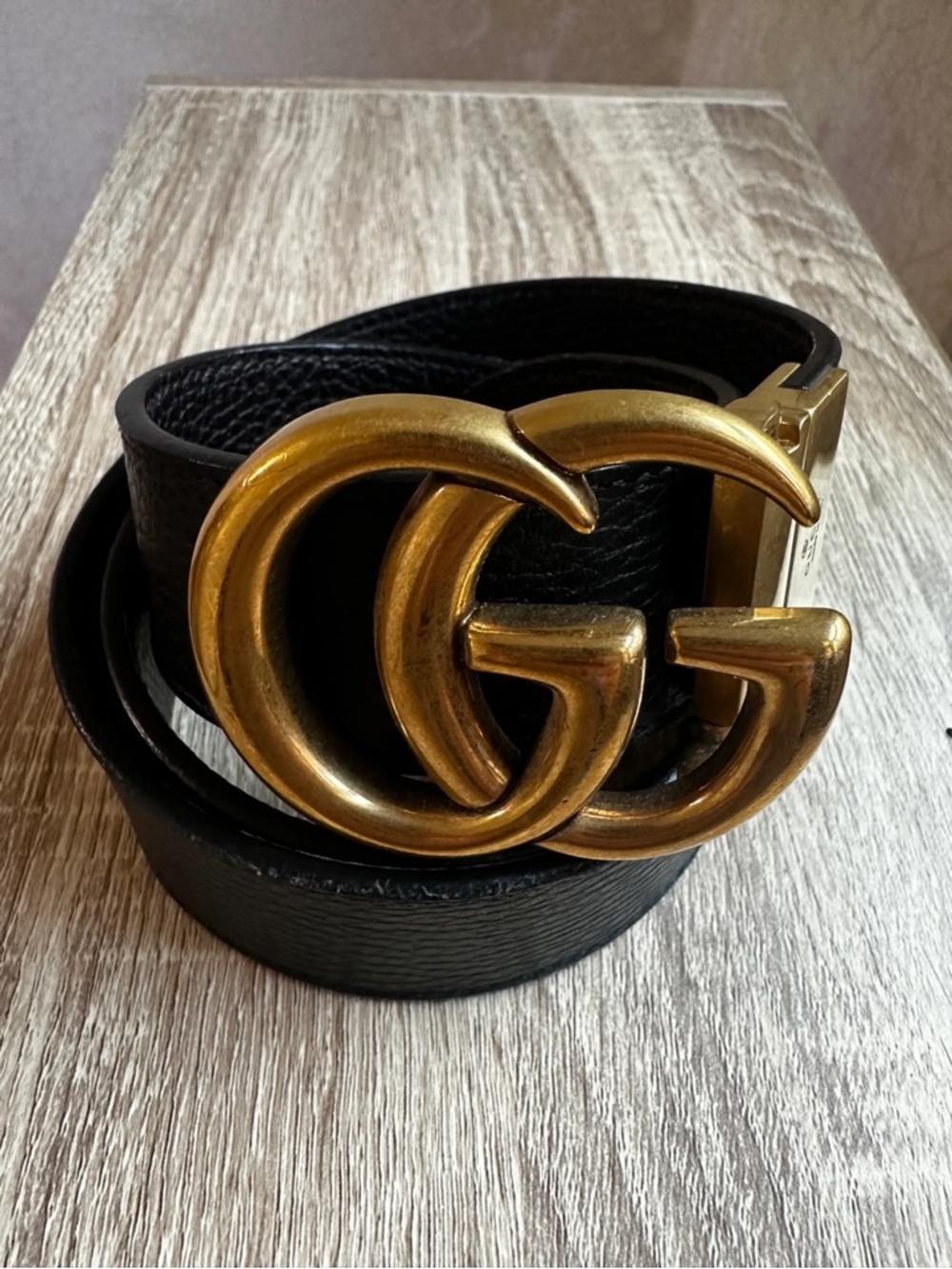 Gucci Black Leather Belt with Antiqued Gold Double G Buckle